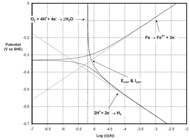 Polarization behavior of carbon steel in a stagnant aerated solution maintained at 25oC and a pH of five