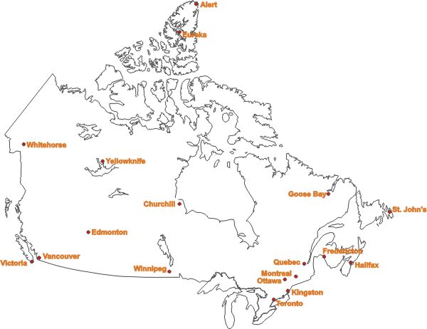 Map of Canada with major cities and many references to specific corrosion measurements