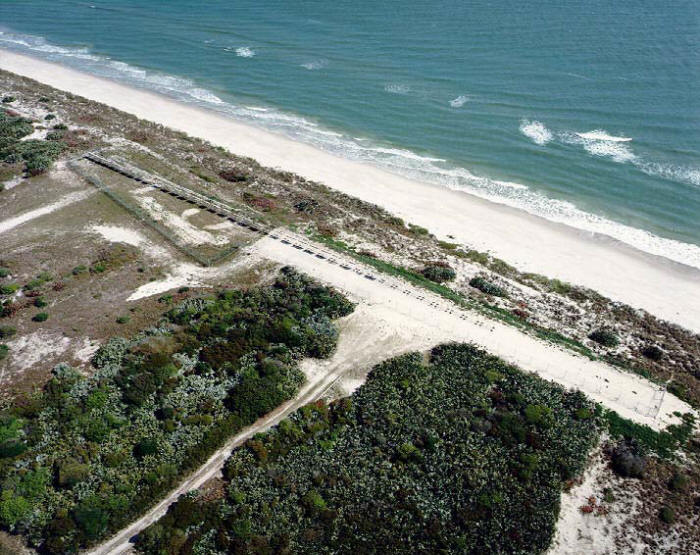 Aerial view of the NASA Kennedy Space Center beach corrosion test site where atmospheric corrosivity is the highest corrosivity of any test site in the continental United States