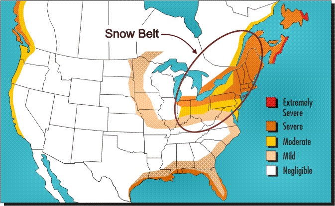 Corrosivity map of North America showing the particular aggressiveness of the Snowbelt region.