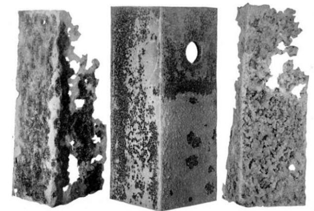 Figure showing unequal corrosion of different members of the same structure. The lacelike condition of badly corroded steel is also shown