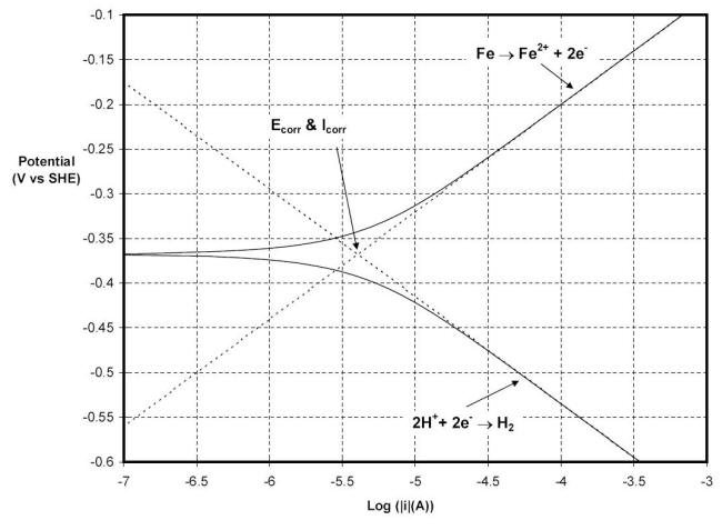 Polarization behavior of carbon steel in a deaerated solution maintained at 25oC and a pH of five